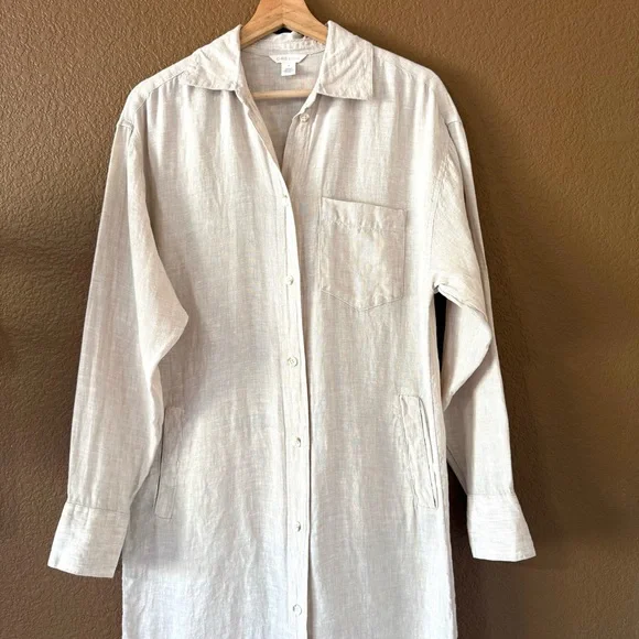 Caslon Linen Duster Long Sleeves Shirt Midi Dress Light Beige Tan Side Slit Sz M - Picture 4 of 11
